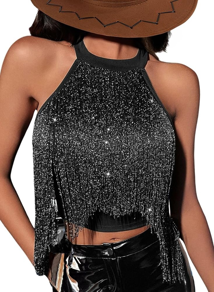 Womens Sparkly Cowgirl Fringe Tank Top - Western Rodeos Festival Glam Tassel Shirt Nashville Coun... | Amazon (US)