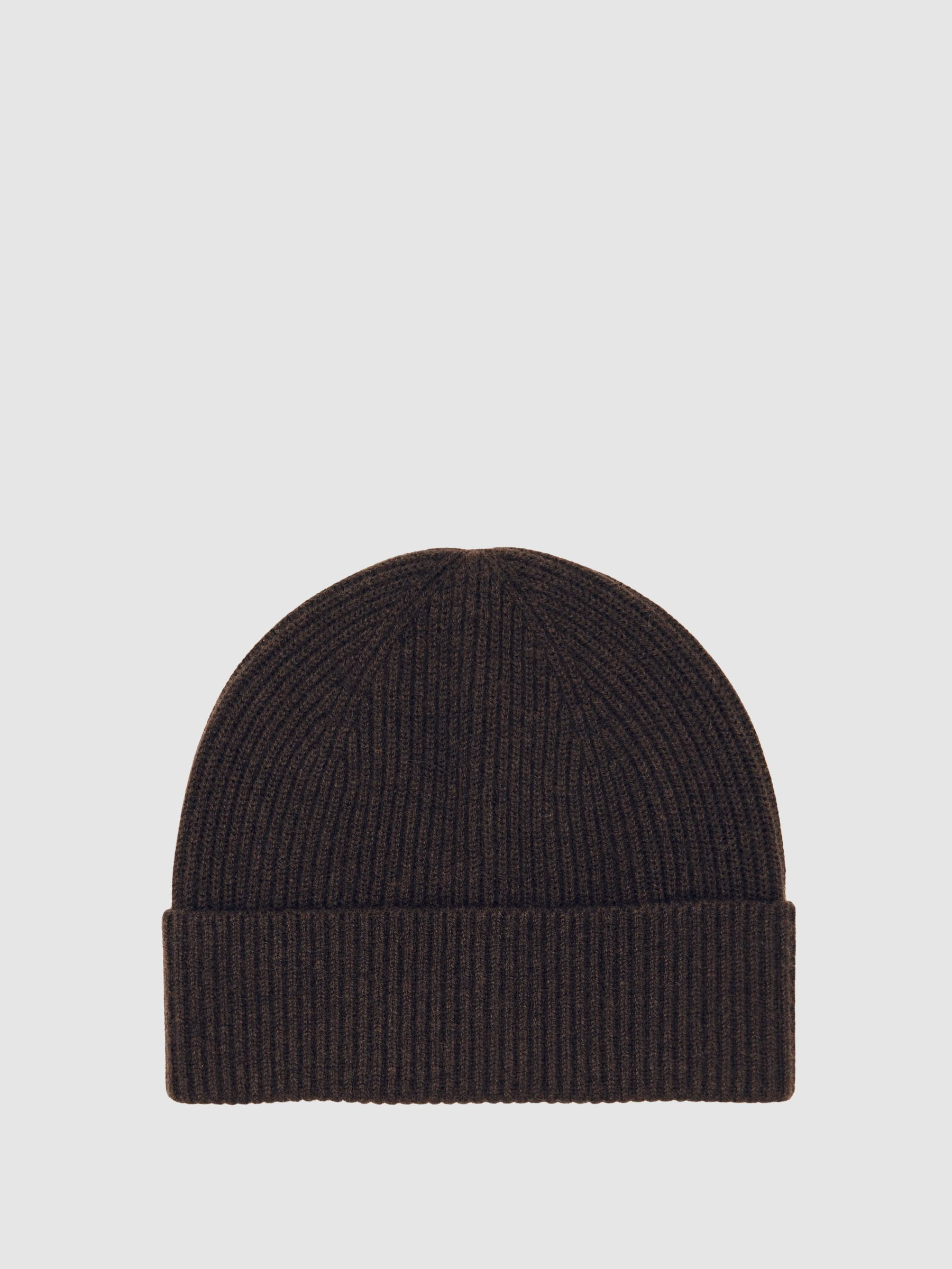 Merino Wool Rib-Knit Beanie in Chocolate Brown | Reiss UK