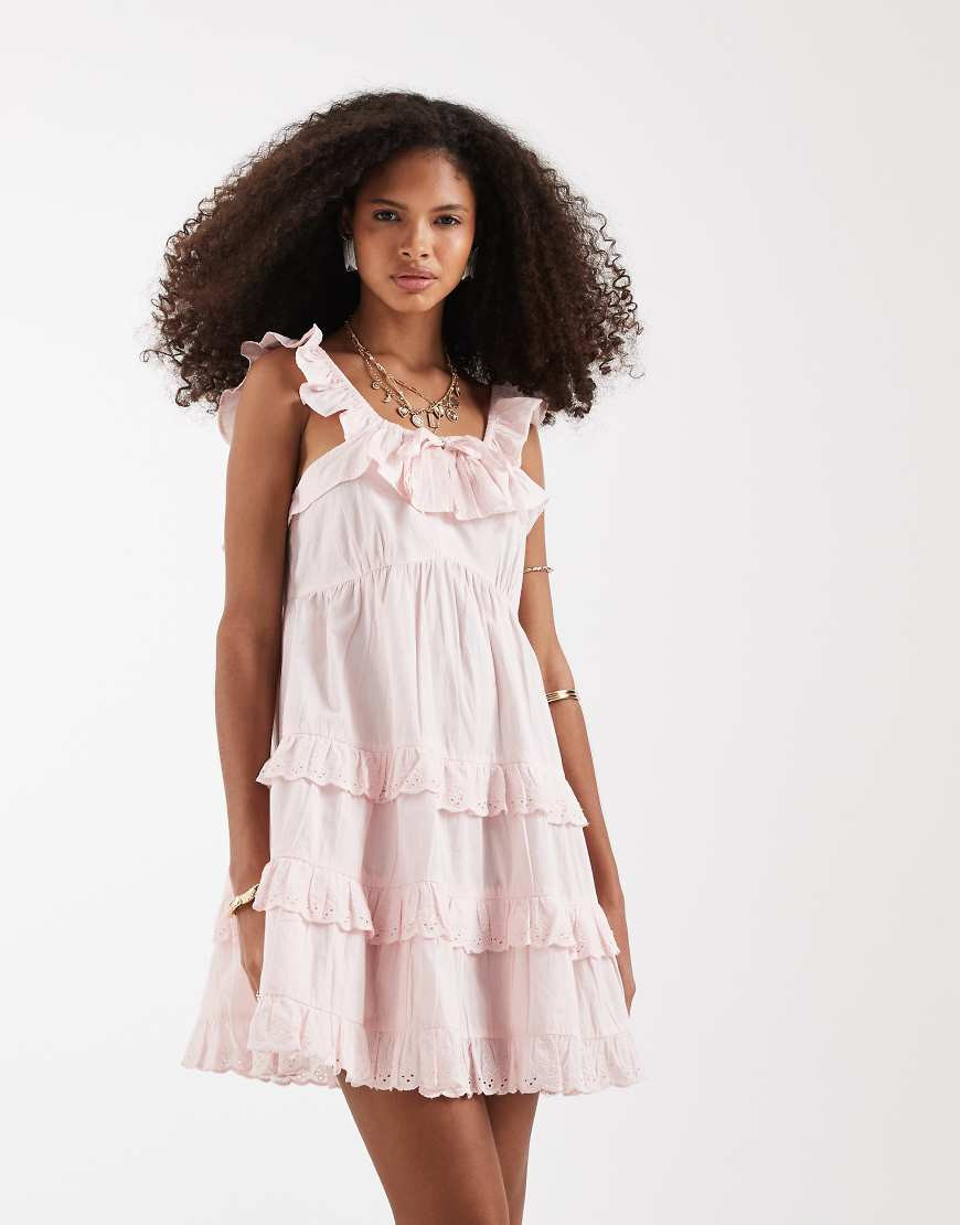 Neon Rose ruffle tiered mini dress in pink | ASOS (Global)