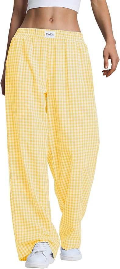 LOMON Women's Striped Gingham Boxer Pants Cotton Pajama Lounge Pj Casual Plaid Trousers Y2K Beach... | Amazon (US)