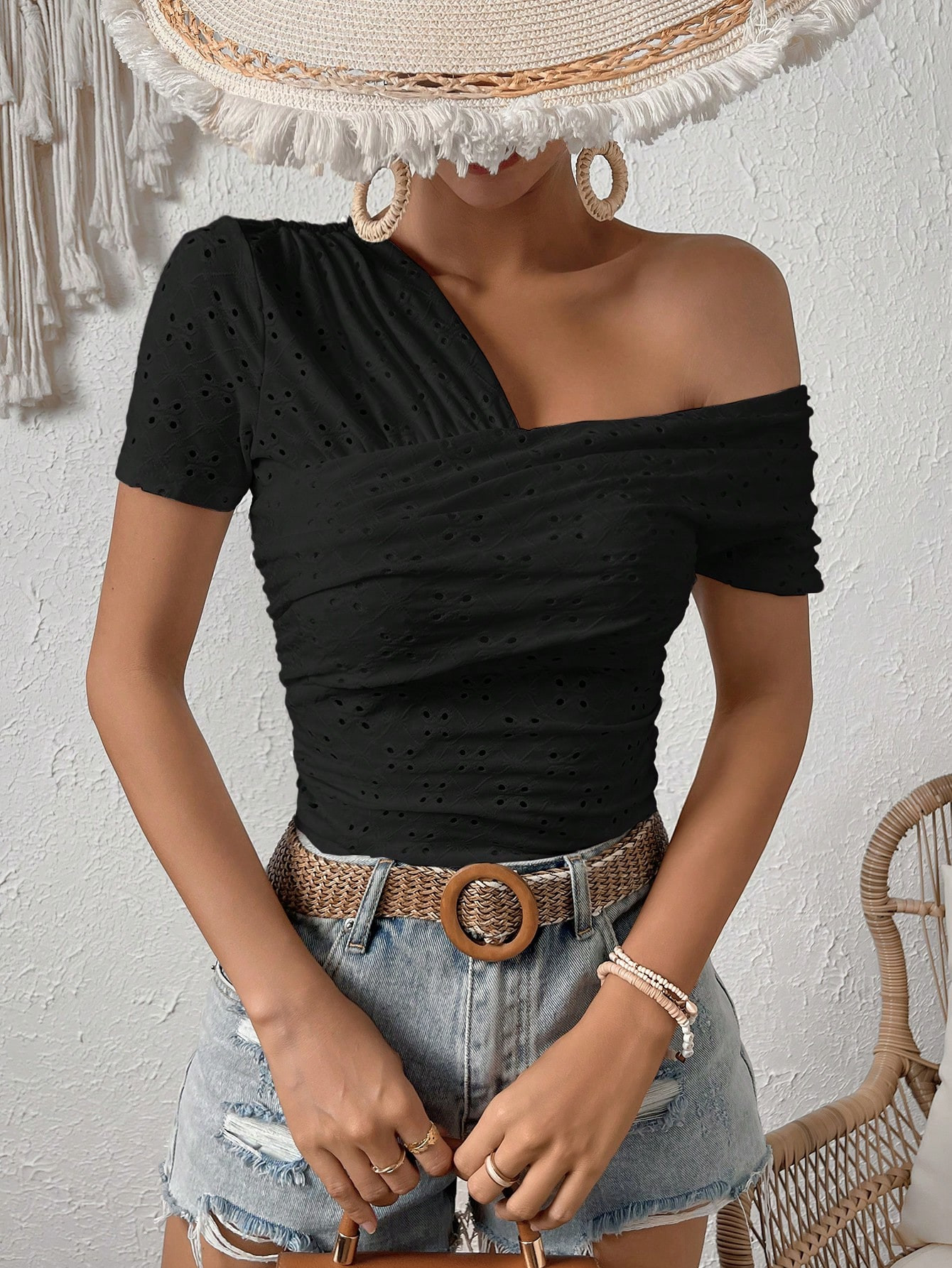 SHEIN VCAY Asymmetrical Neck Eyelet Embroidery Ruched Tee | SHEIN