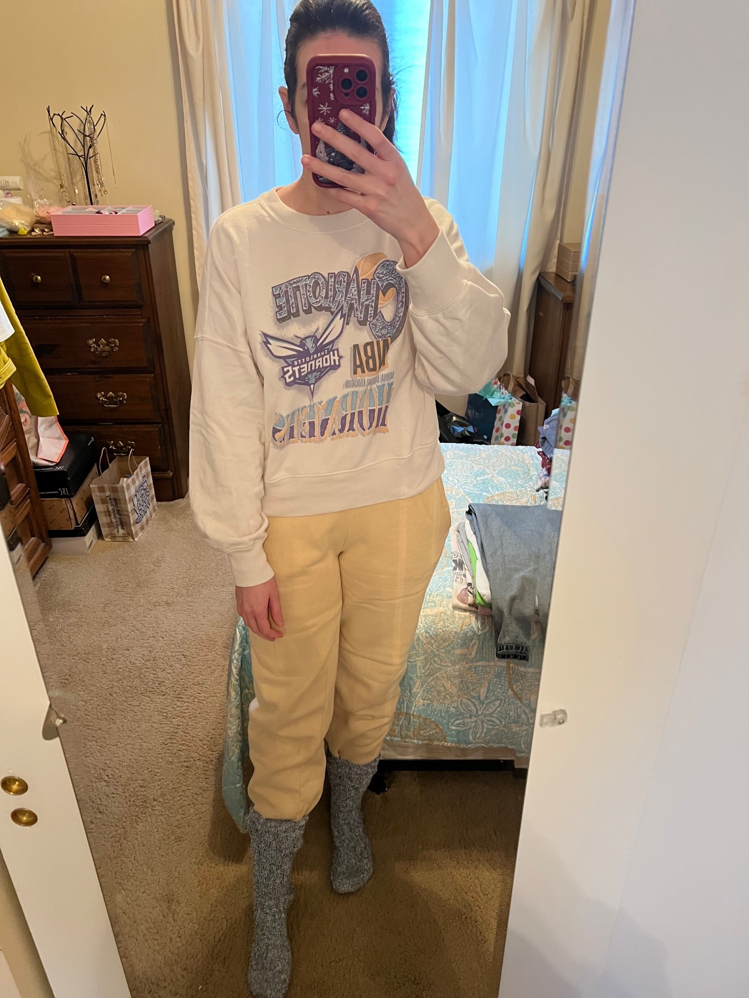 Charlotte Hornets cropped sweatshirt (small). Yellow sweatpants (small). Fuzzy socks (one size). #sweatshirt #croppedsweatshirt #sweatpants #yellowsweatpants #socks #fuzzysocks #loungewear #joggers 

#LTKFindsUnder50 #LTKFindsUnder100 #LTKSeasonal
