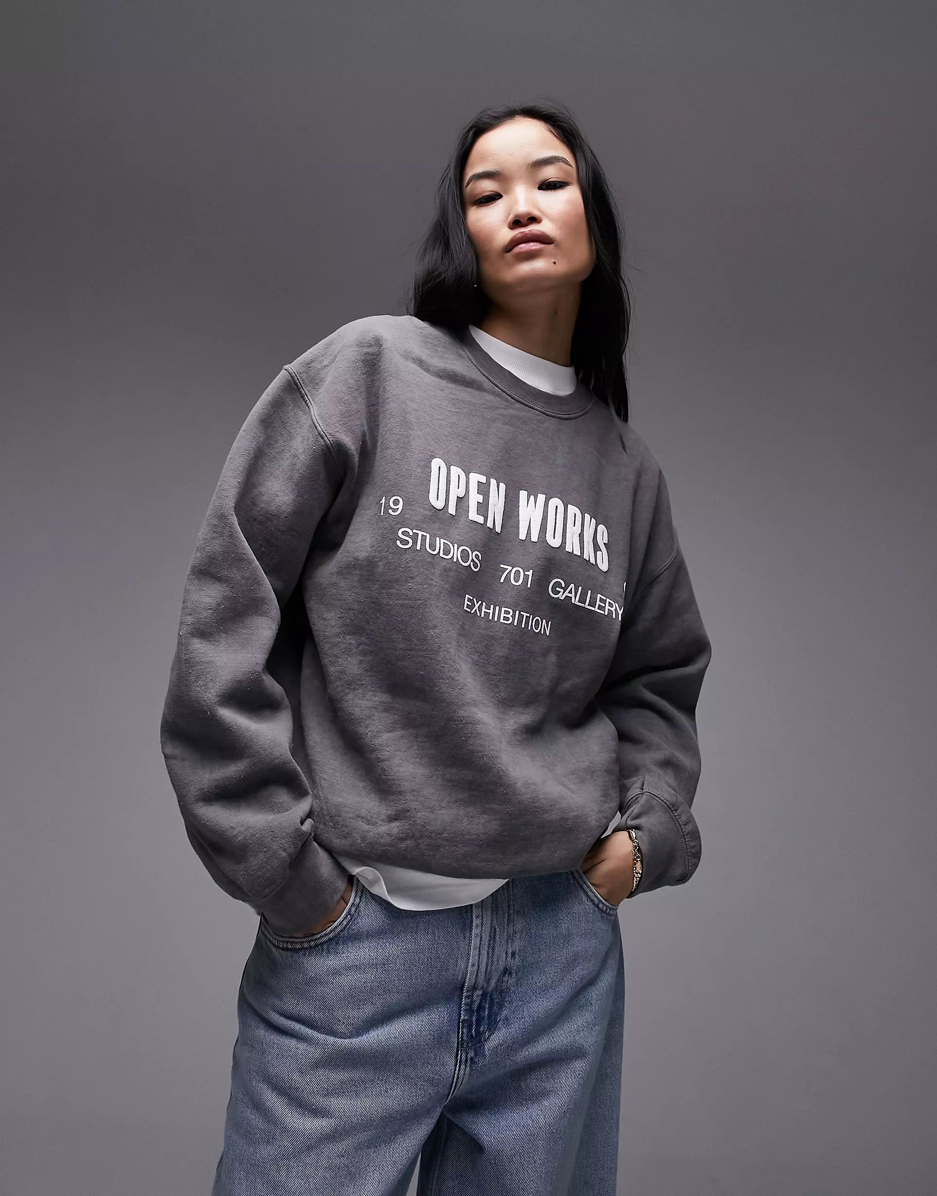 Topshop graphic open works vintage wash oversized sweat in charcoal | ASOS (Global)