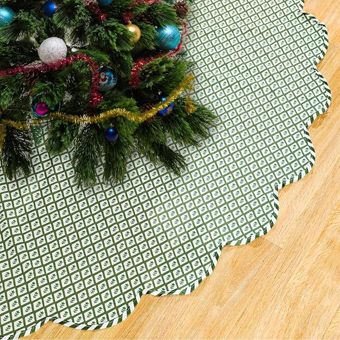 Christmas Tree Skirt Cotton Floral Block Tree Skirt in Nature Color for Home Xmas Party Seasonal ... | Amazon (US)