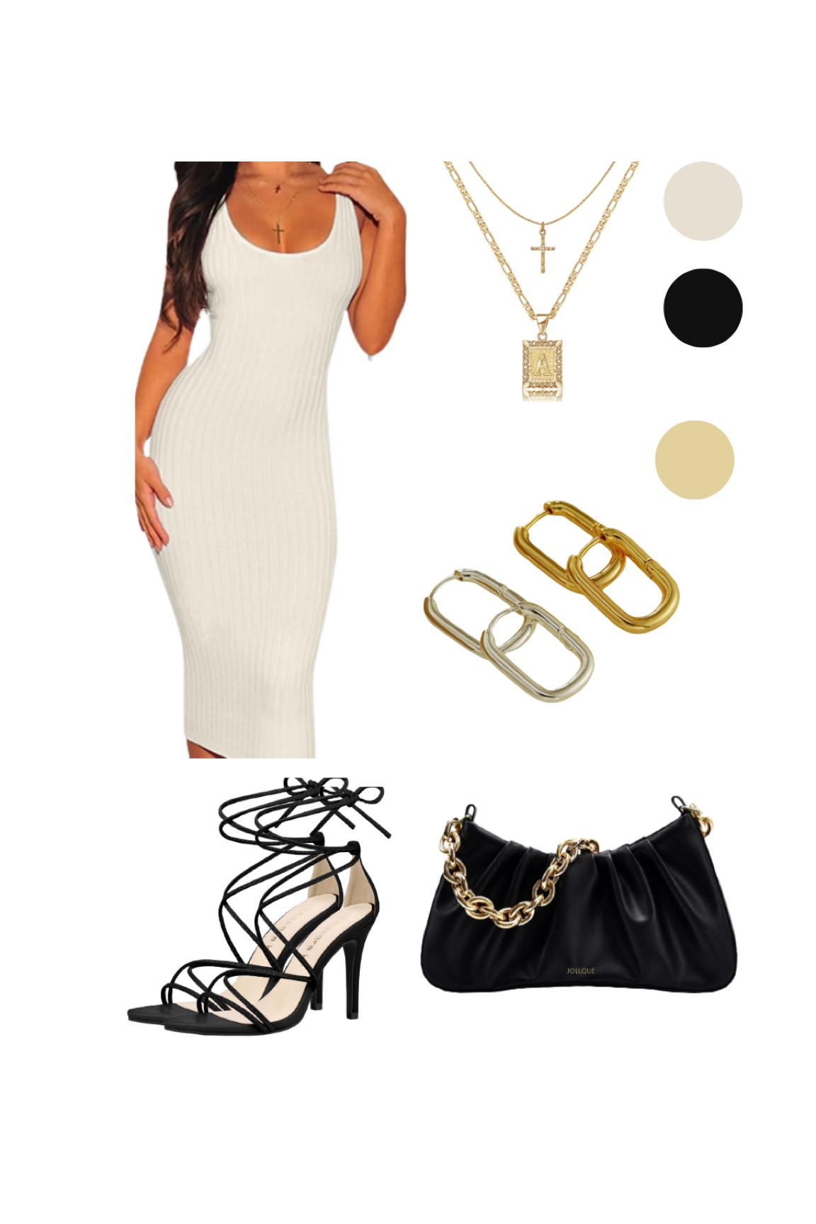 Brunch date outfit, white body con dress, gold necklace, gold earrings, black heels, black and gold purse/handbag. 

#LTKstyletip #LTKFind #LTKunder50