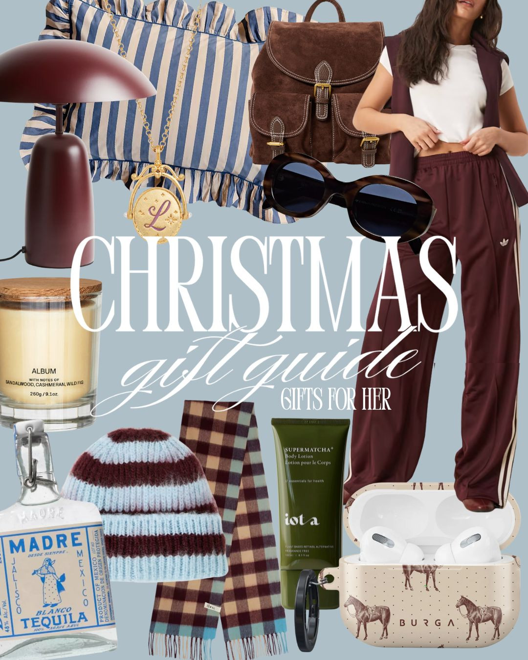 🎄 Gift Guide Part 8 🎄

GIFTS FOR HER | GIFTS FOR GIRLFRIEND | GIFTS FOR SISTER 

✨ Oliver Bonas Beanie – £25
✨ BURGA AirPods Case – £19.95
✨ Massimo Dutti Sunglasses – £69.95
✨ Adidas Trousers – £60
✨ Fable England Initial Locket – £38
✨ Oliver Bonas Suede Backpack – £70
✨ TBCo Ruffle Cushion – £59
✨ Madre Tequila – £32.99
✨ ARKET Candle – £22
✨ H&M Table Lamp – £59.99
✨ iota Body Lotion – £32
✨ TBCo Winter Scarf – £70

Shop the edit via my bio 🤍
#LTKGiftGuide #LTKHoliday #UKGiftGuide #GiftsForHer 

 #LTKuk #LTKautumn #LTKgiftguide