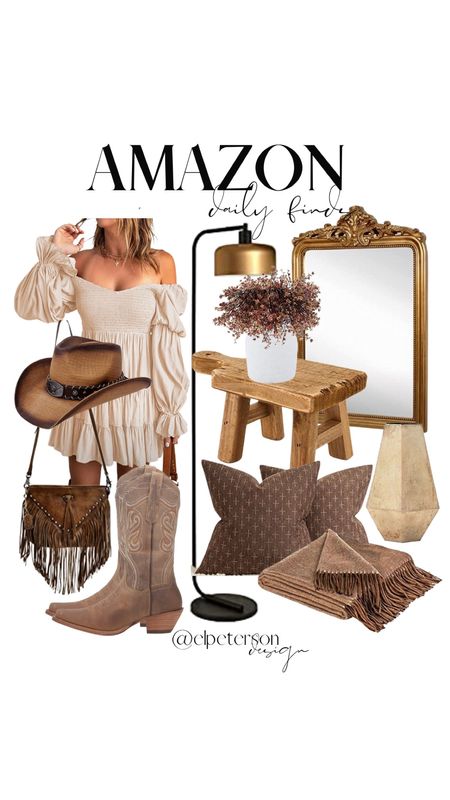 Metal vase
Cowboy hat
Wall mirror
Boots 
Handbag with fringe
Wood pedestal 
Floor lamp 
Fashion finds
Throw pillows
Stems

#LTKhome