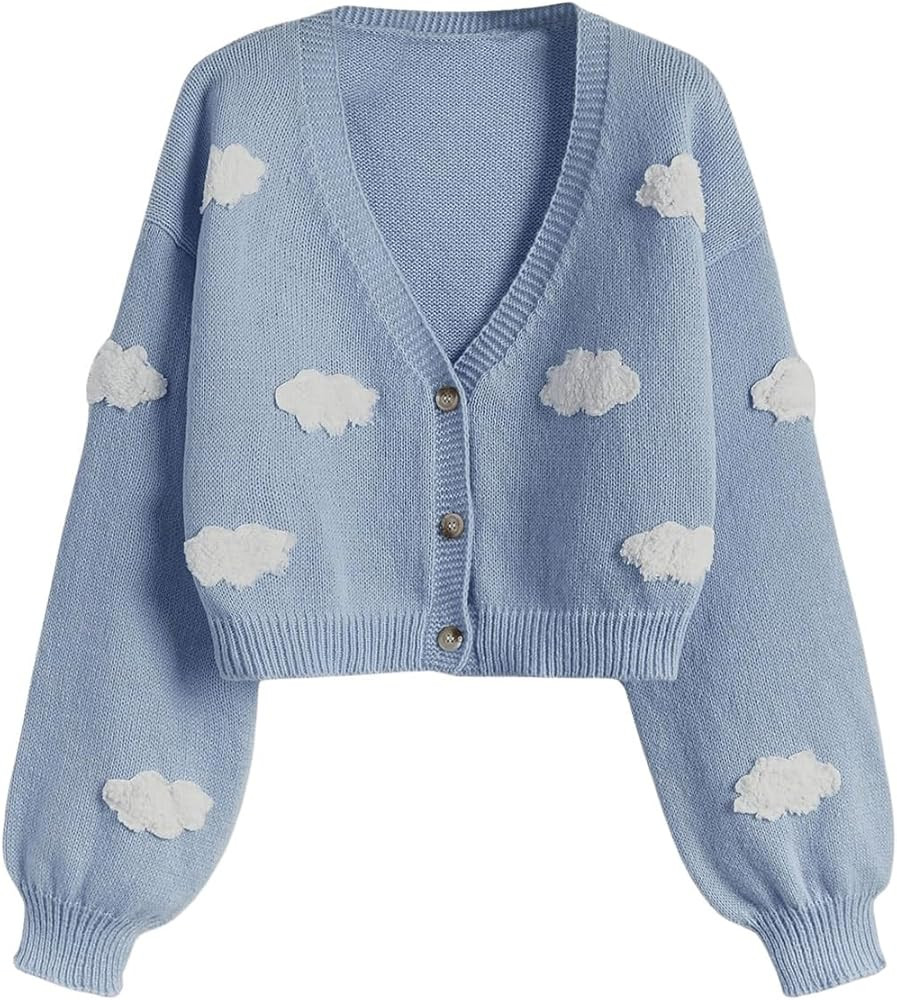 SHENHE Women's Cloud Print Button Down Sweaters V Neck Long Sleeve Crop Cardigan Top | Amazon (US)