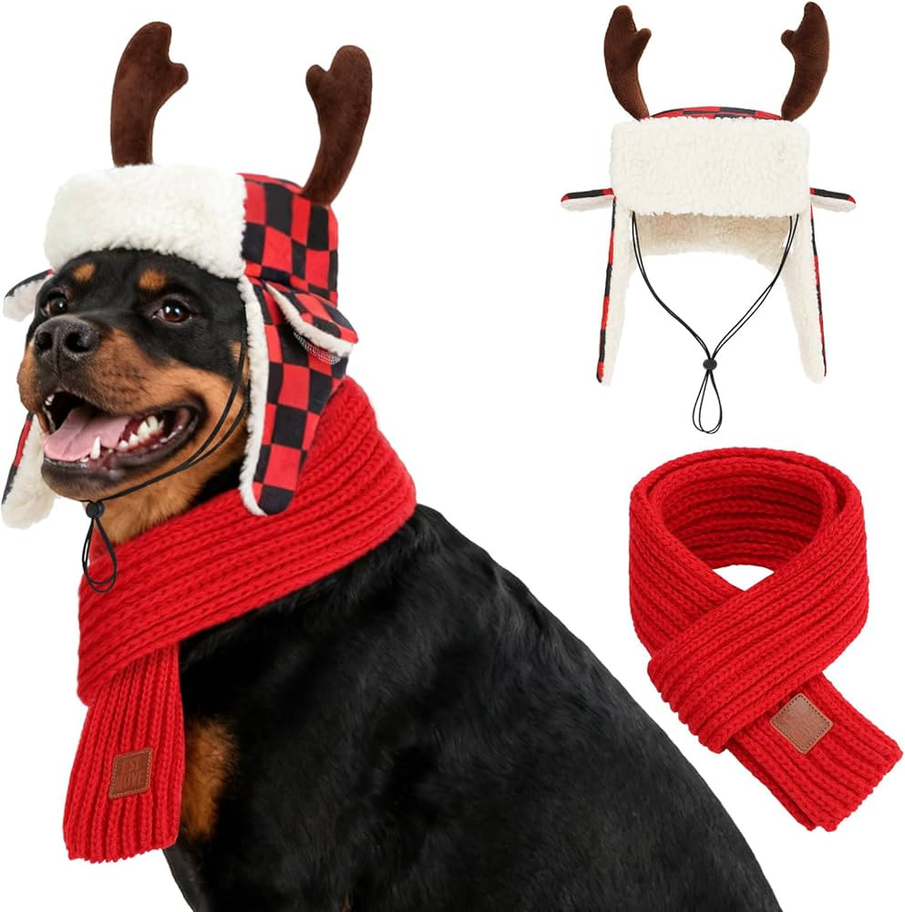 YUEPET 2 PCs Adjustable Dog Christmas Antler Buffalo Hat & Scarf Set, Soft Pet Christmas Holiday ... | Amazon (US)