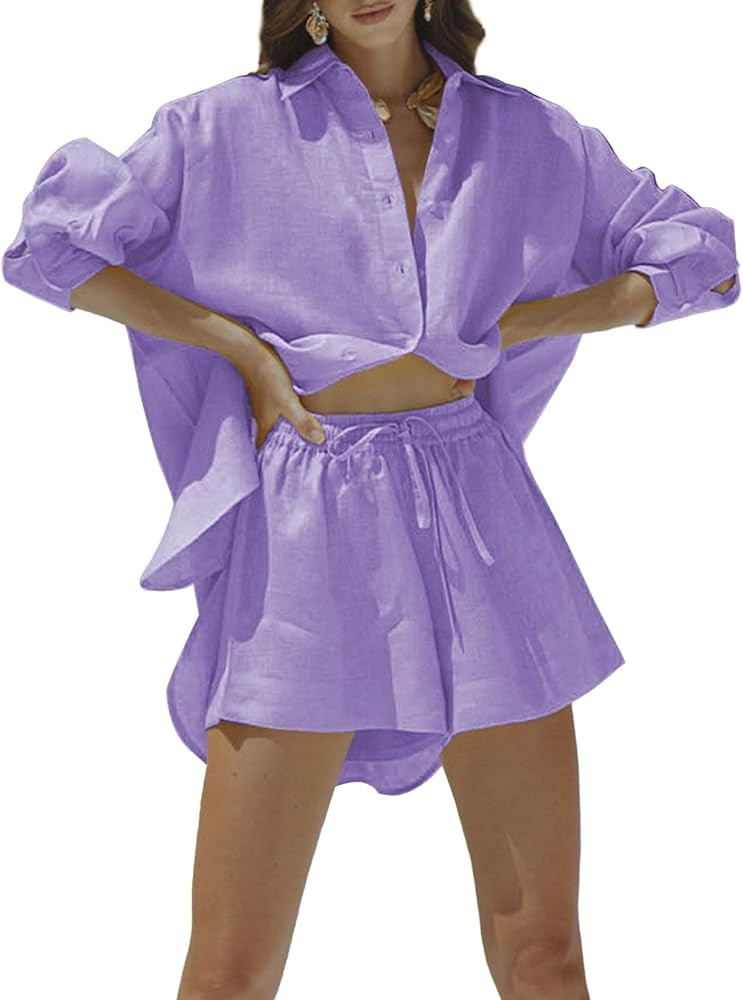 Fixmatti Women 2 Piece Outfits Long Sleeve Button Down Shirt and Shorts Set Casual Sweatsuits | Amazon (US)
