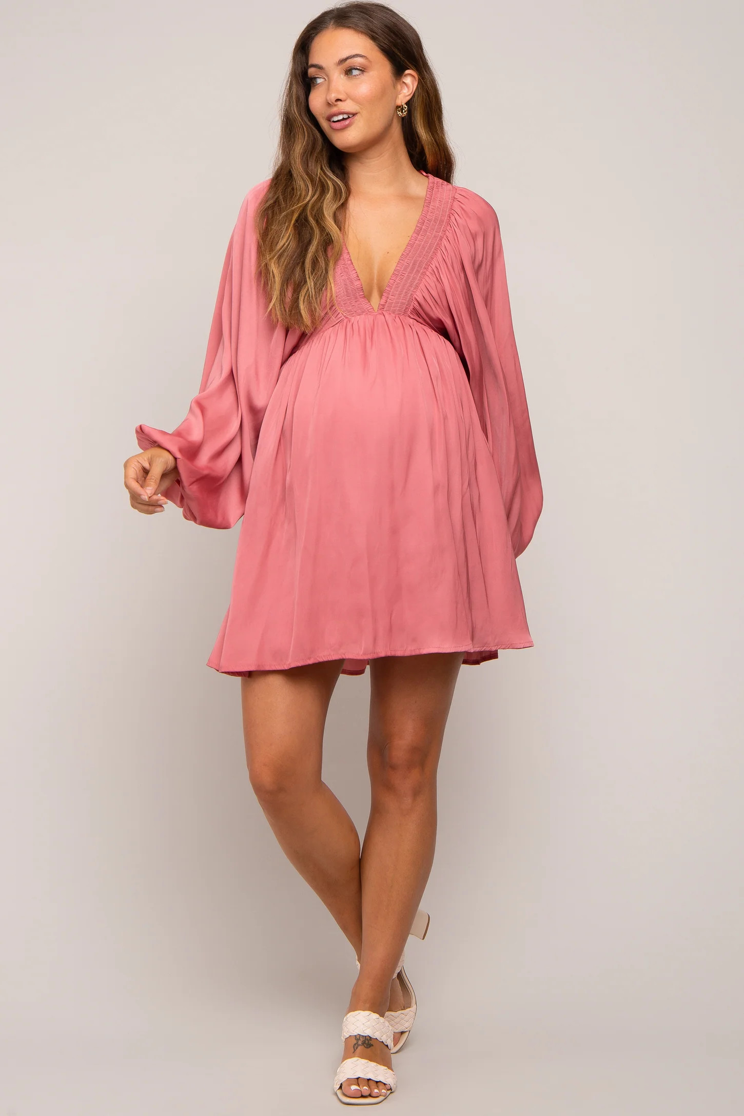 Mauve Deep V-Neck Long Sleeve Maternity Dress | PinkBlush Maternity