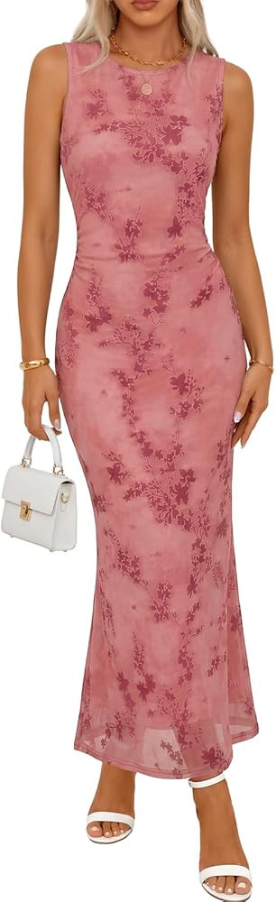MEROKEETY Women's Summer Wedding Guest Maxi Dress 2026 Sleeveless Floral Bodycon Mesh Cocktail Fo... | Amazon (US)