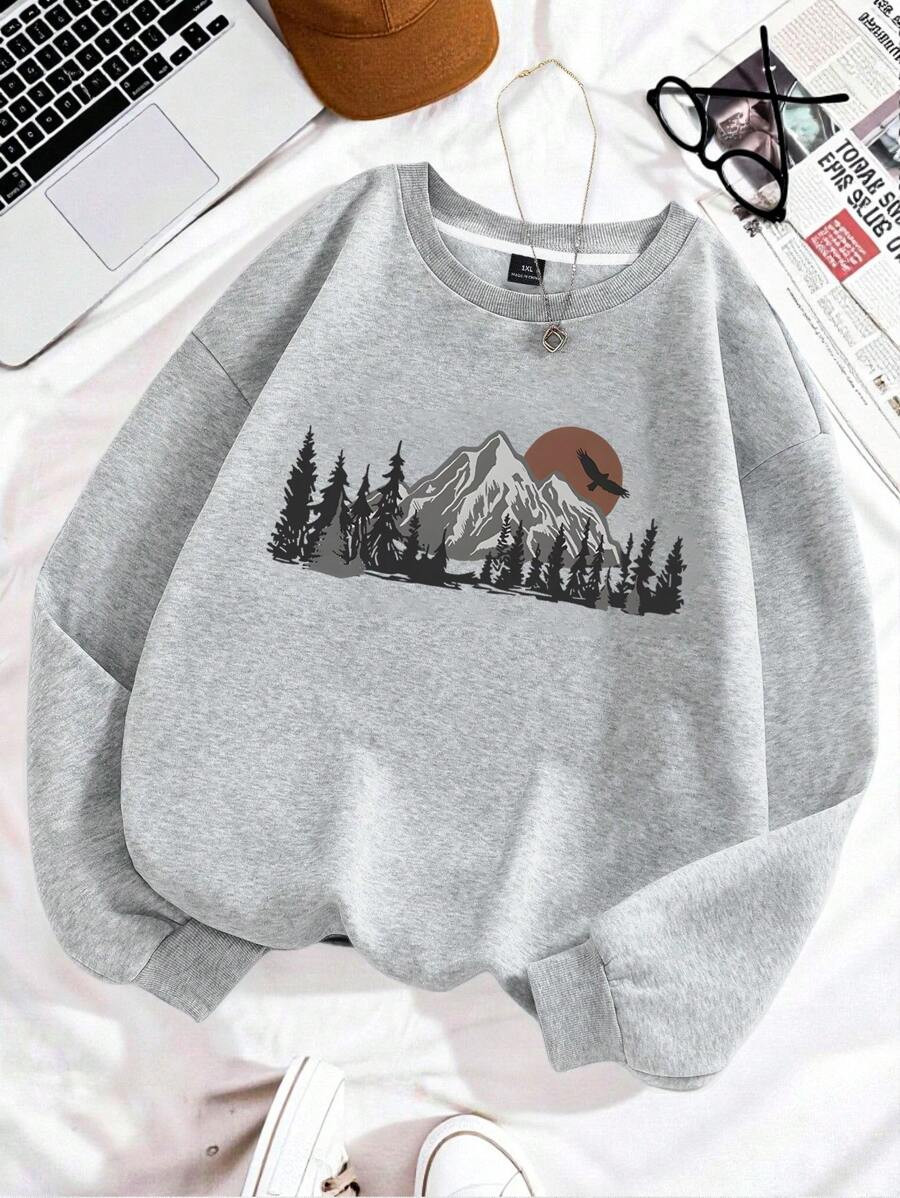 EMERY ROSE Plus-Size Women's Mountain Forest Print Hot-Selling Round Neck Sweatshirt Fall Cloth F... | SHEIN