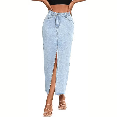 LEVEN SIXTEEN Women's High Waist Maxi Denim Skirt - A-Line Stretch Long Skirt with Front Split & Raw Hem 9009light Blue 9009light Blue X-Small | Target