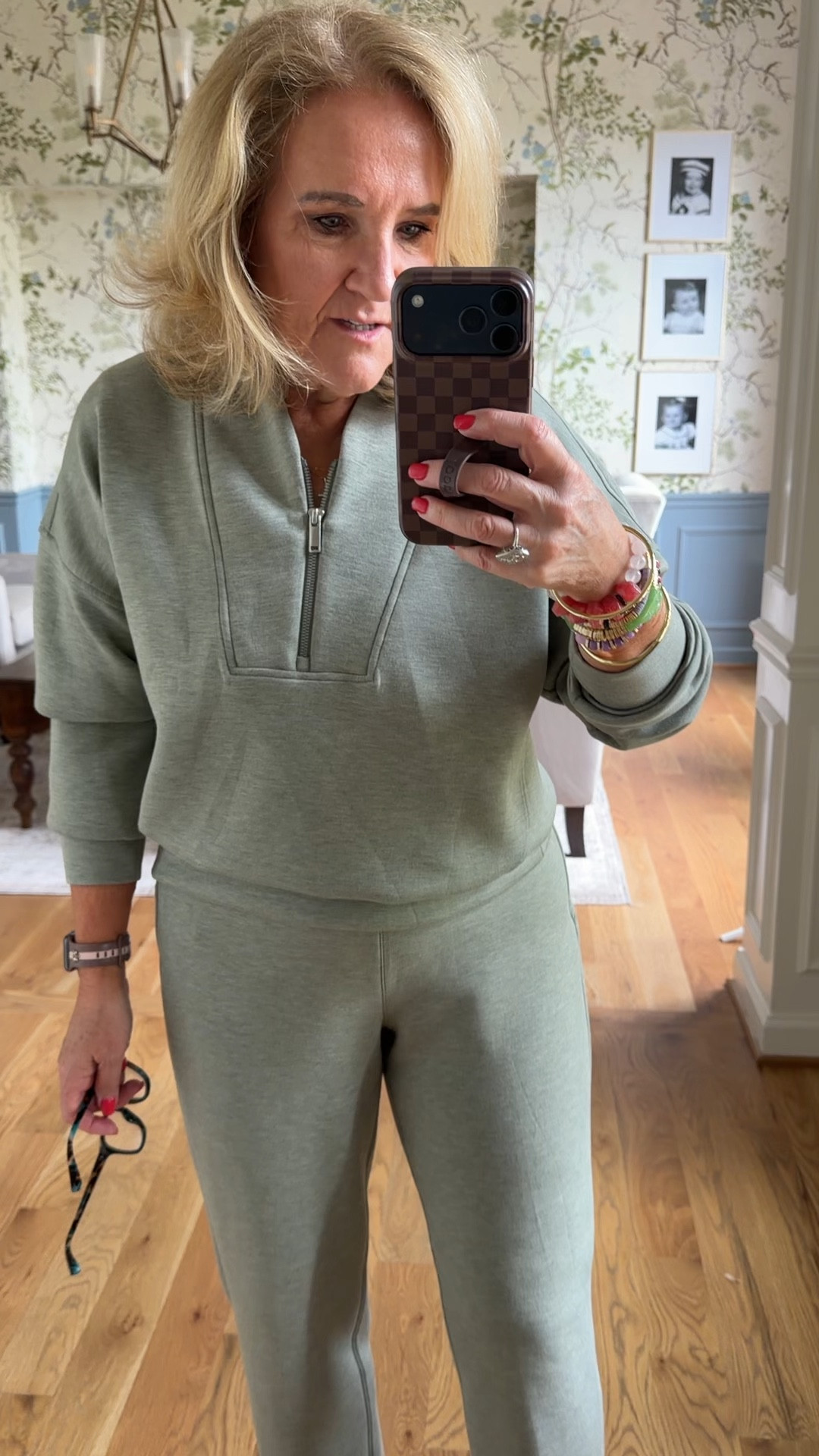 Spanx size medium 1/2 zip new shawl collar 
Medium petite in the slim straight pants 
Code NANETTE20 20% off my bracelet stacks  and sitewide! It’s like spring on your wrist

#LTKPetite #LTKHome #LTKOver40