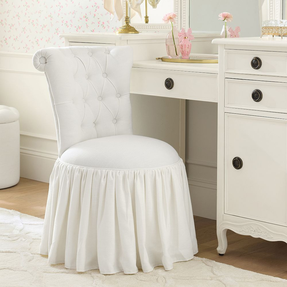 LoveShackFancy Performance Linen Blend White Tufted Swivel Vanity Chair | Pottery Barn Teen