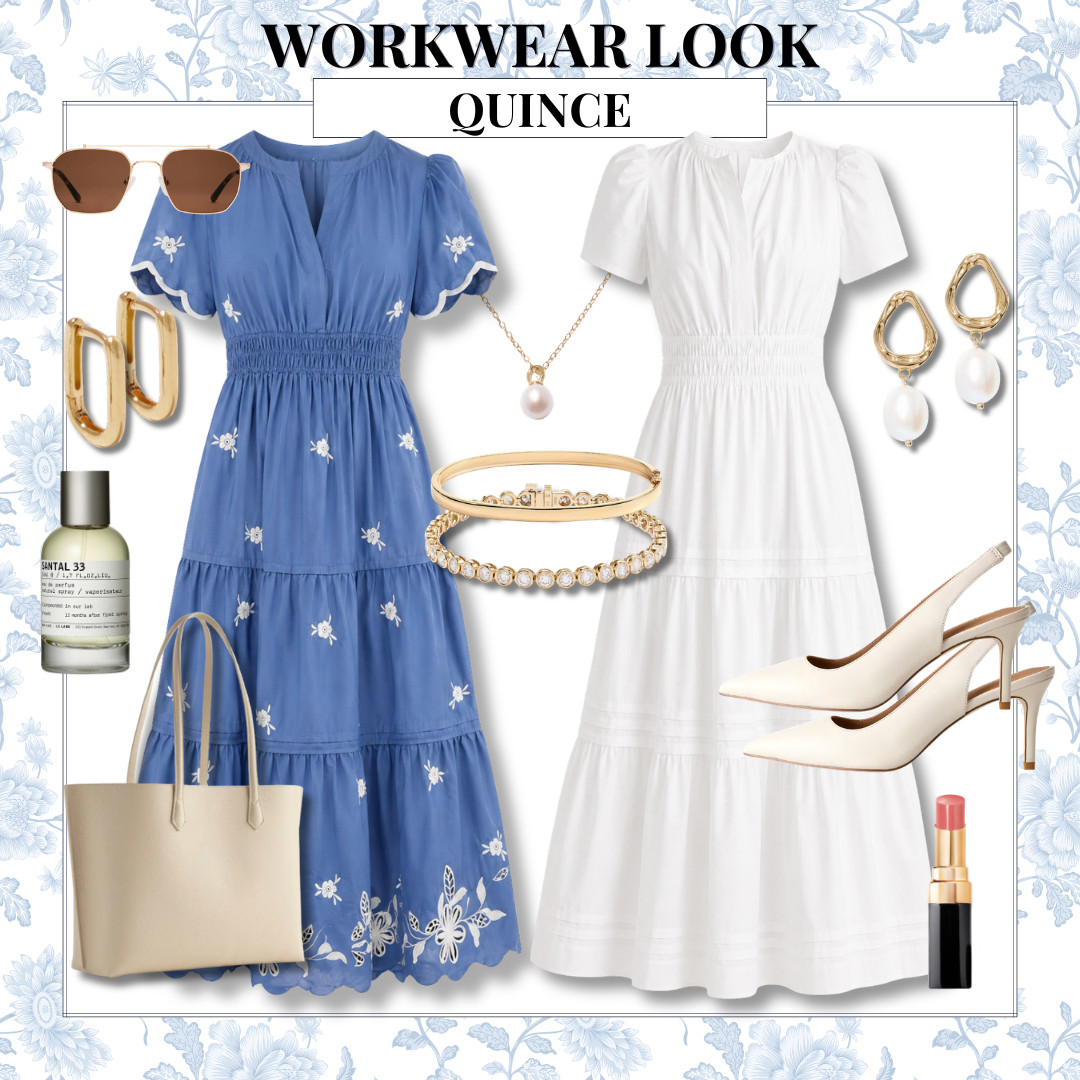 Some mornings I need the outfit decision made for me, and a one piece dress is always the easiest answer. These Quince options have defined waists, feminine sleeves, and breathable shapes that still feel right for a full workday, especially with simple heels and gold accessories.

Quince dresses, workwear dresses, blue embroidered dress, white midi dress, office outfit, summer workwear, feminine work style, business casual outfit, work tote, slingback heels, office fashion, AudrieDollins

#LTKootd #LTKOver40 #LTKWorkwear