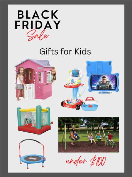 Great gift ideas for kids on Black Friday sale under $100. Includes a doctor set, a tablet with teacher, approved apps, and outdoor trampoline, a mini, indoor, trampoline, a swingset, and an outdoor playhouse.

#LTKunder100 #LTKGiftGuide #LTKkids