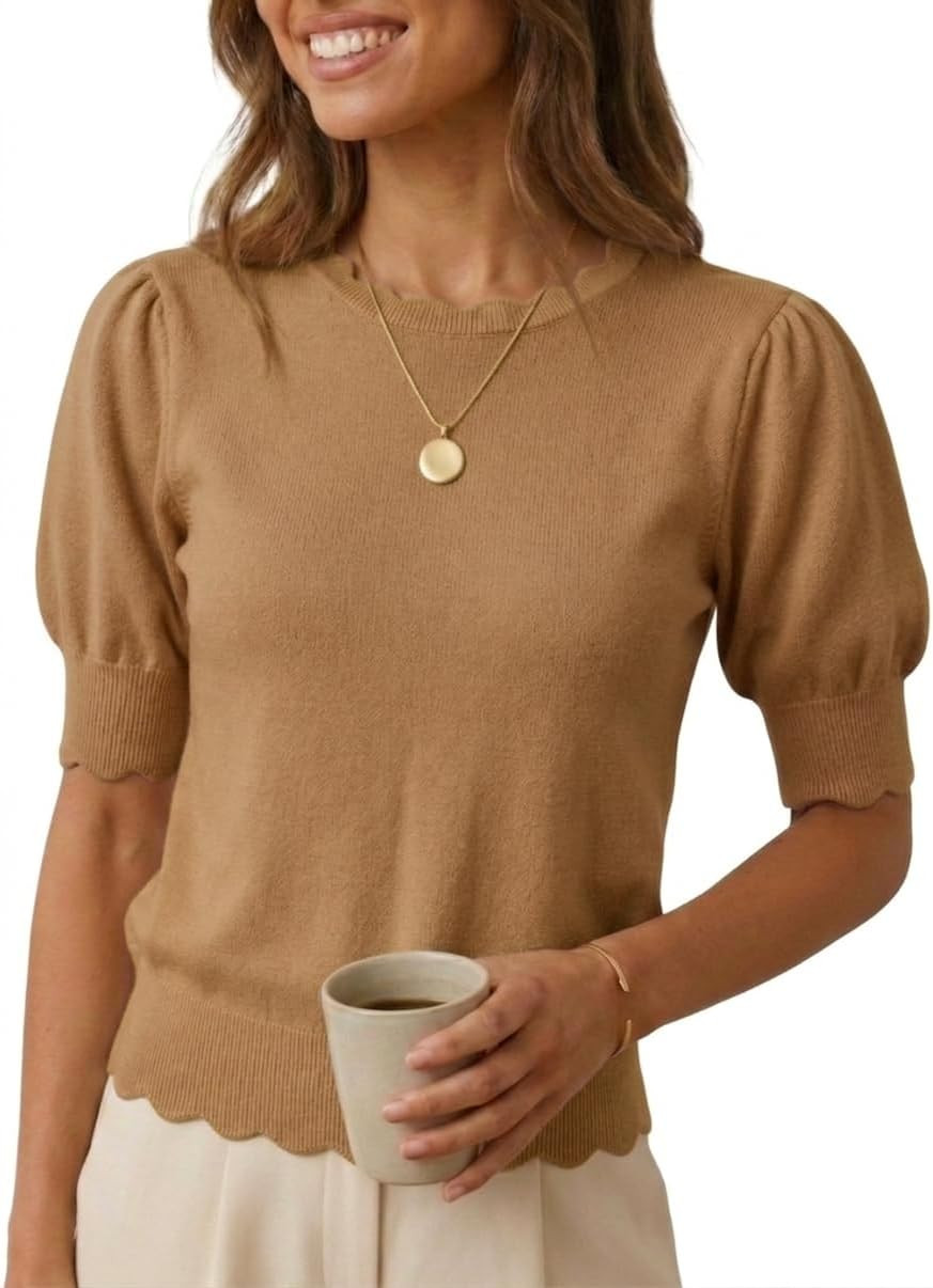 Short Sleeve Sweater for Women Pullover Knit Tops Scalloped Crewneck Puff Sleeve 2026 | Amazon (US)