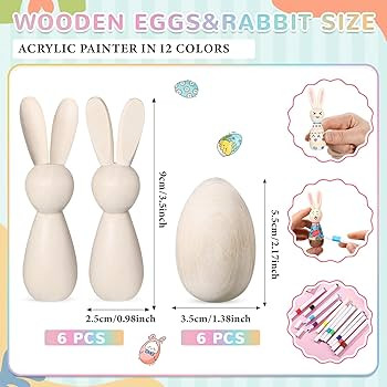 Gerrii 13 Pcs Wooden Easter Crafts to Paint 6 Pcs Unpainted Wood Eggs 6 Pcs Unpainted Wood Bunnys... | Amazon (US)