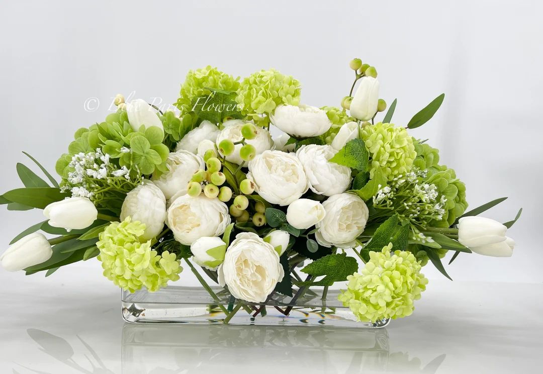 Floral Arrangement Green Hydrangeas Peonies Silk Artificial - Etsy | Etsy (US)