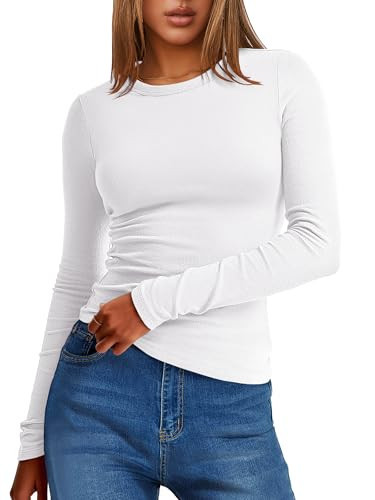 ANRABESS Womens Long Sleeve Thermal Shirts Slim Fit Basic Tee Tops Warm Fleece Undershirts 2025 Fall Winter Layer Outfits White X-Large | Amazon (US)
