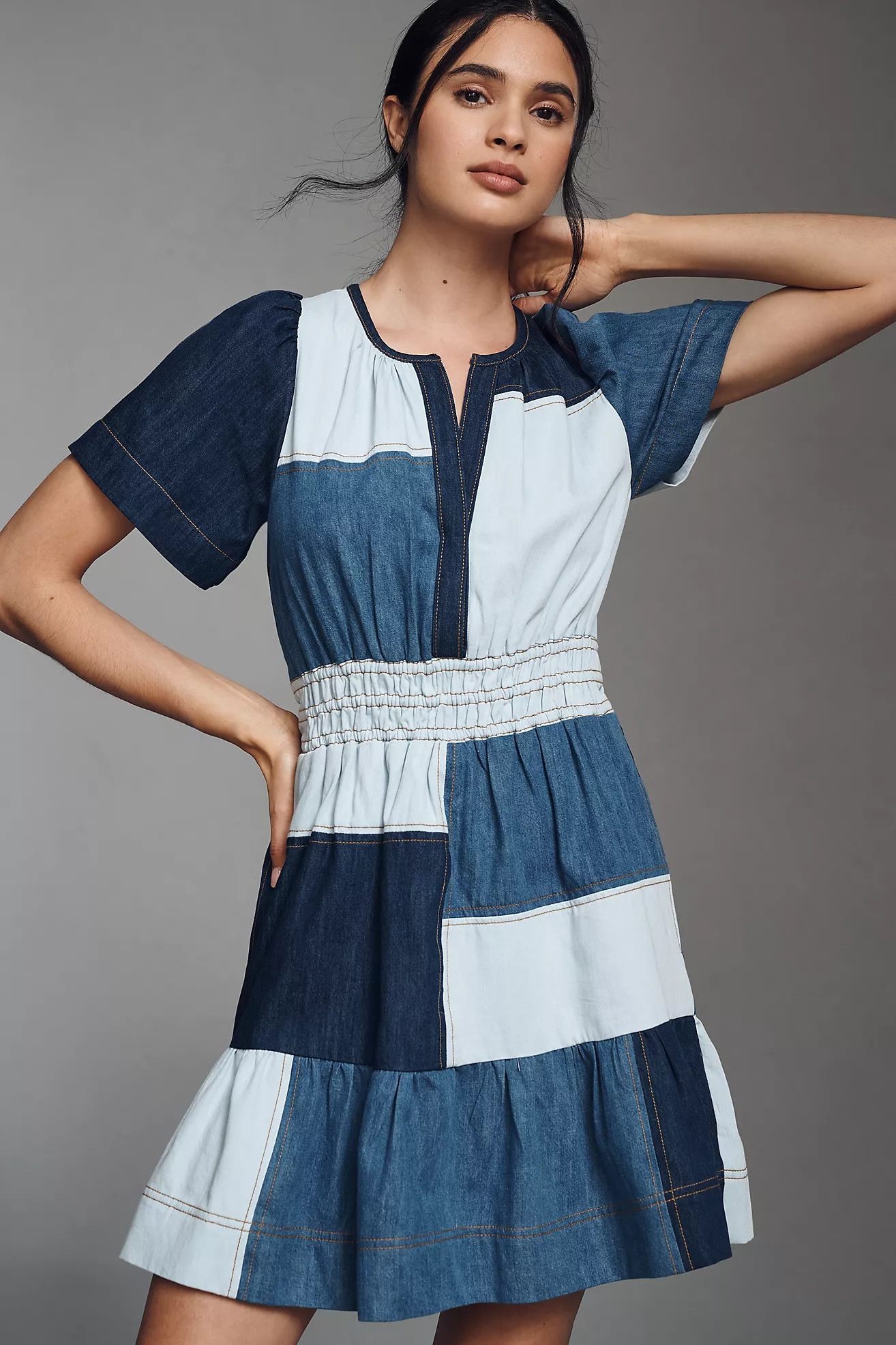 The Somerset Denim Patchwork Mini Dress | Anthropologie (US)