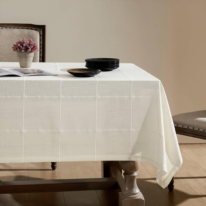 ZeeMart Grid Embroidered Hemmed Tablecloths, Off White 60x84 Inch, Farmhouse Style Heavy Weight C... | Amazon (US)