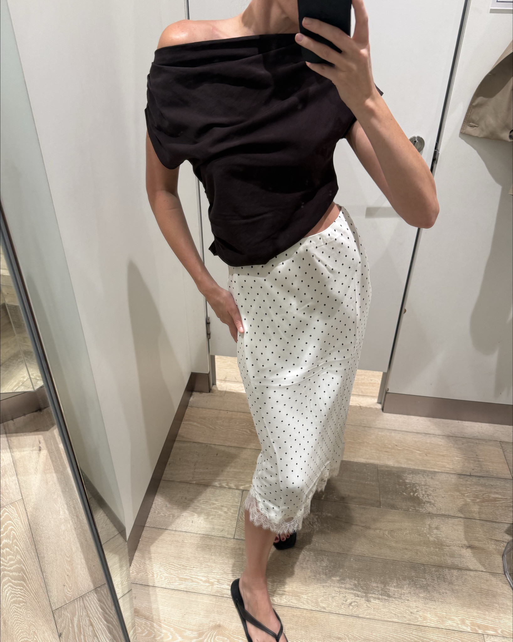 Chocolate & polka dot. 

Love this polka dot midi skirt with lace detailing at the bottom, paired with an off the shoulder chocolate top & black sandals 

Pair with a kitten heel and bag for a chic date night look. 
**I’ve linked a few other pieces to get a similar look  

#LTKaustralia #LTKdatenight #LTKspring