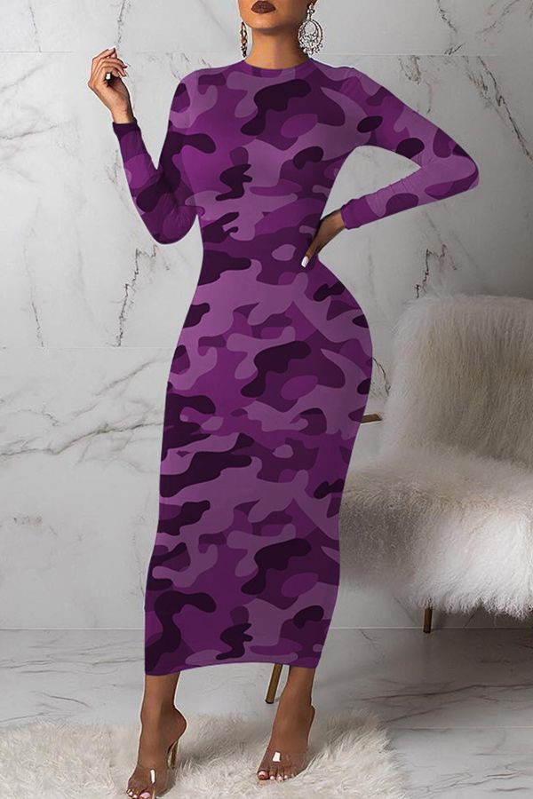 Presale
                            	Lovely Casual Camouflage Printed Purple Mid Calf Dress   ... | LovelyWholesale