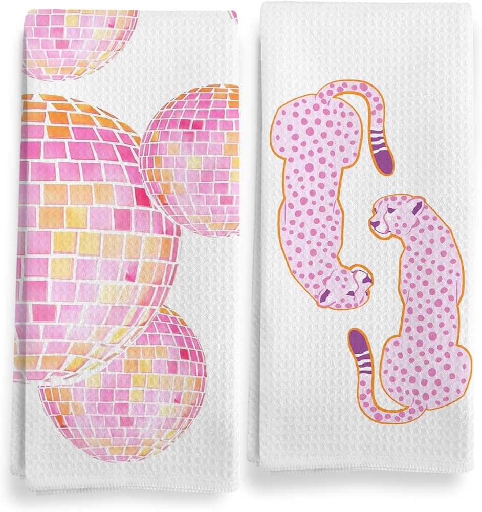 Preppy Pink Kitchen Towels, Pink Disco Ball Cheetah Leopard Kitchen Towels Decorative Set, Preppy... | Amazon (US)