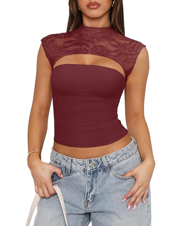 REORIA Women's Sexy Cutout Lace Flower High Neck Sleeveless Slim Y2K Going Out Crop Tank Tops | Amazon (US)