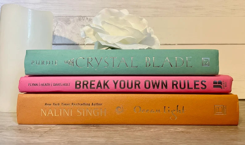 Pink Aqua and Orange Decorative Book Stack | Etsy (US)