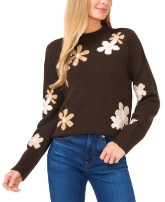 CeCe Women's Crewneck Flower Patterned Knit Long-Sleeve Sweater - Light Heather Grey | Macy's