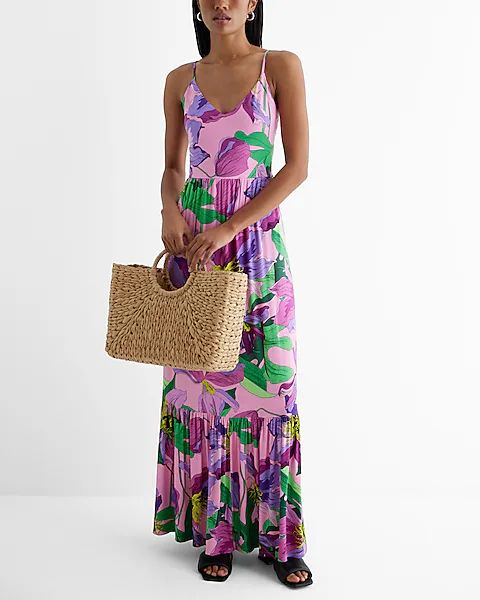 Floral V-Neck Back Cutout Tiered Maxi Dress | Express (Pmt Risk)