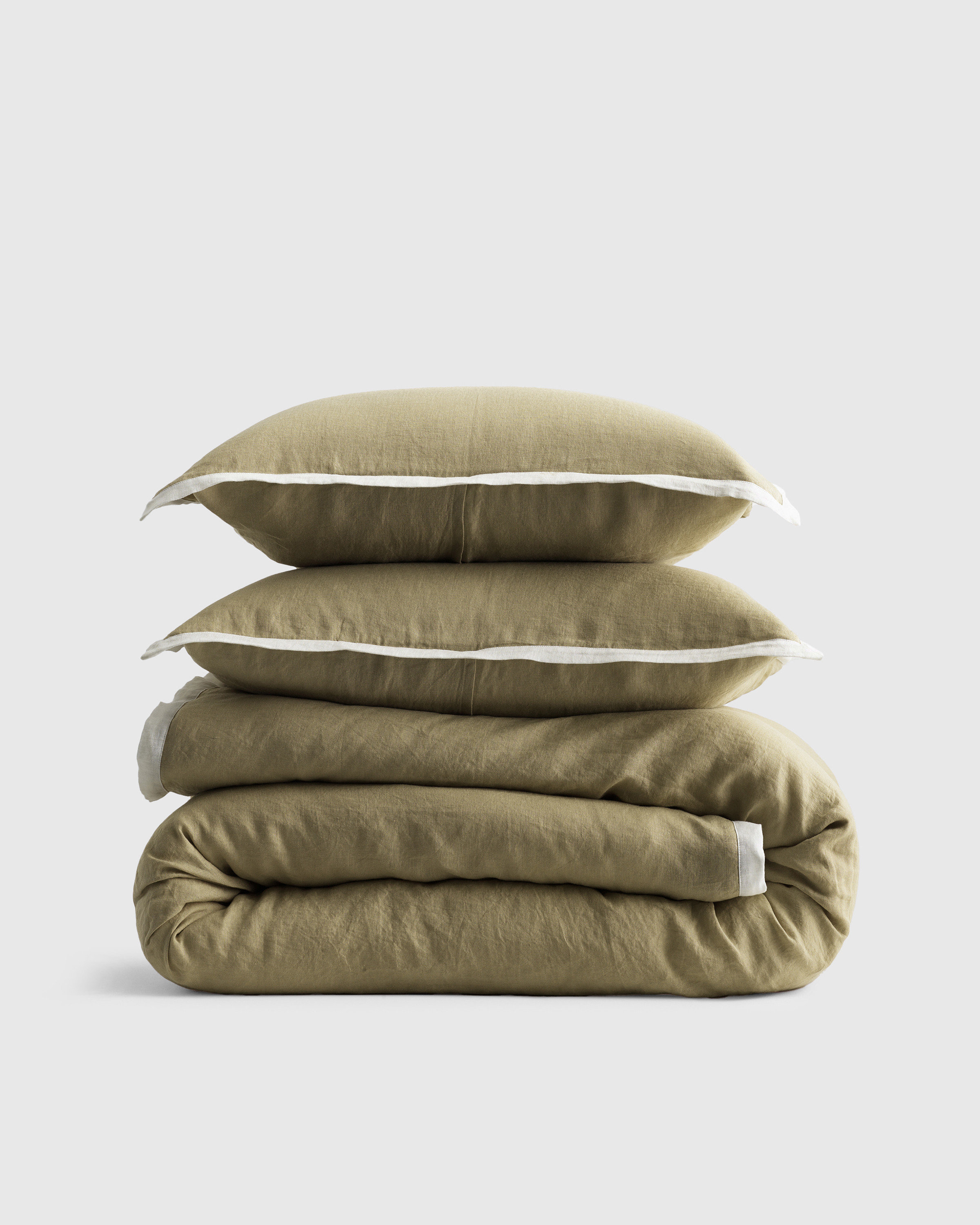 Quince | European Linen Contrast Flange Duvet Cover Set in Aloe/Sand, Size Twin | Quince