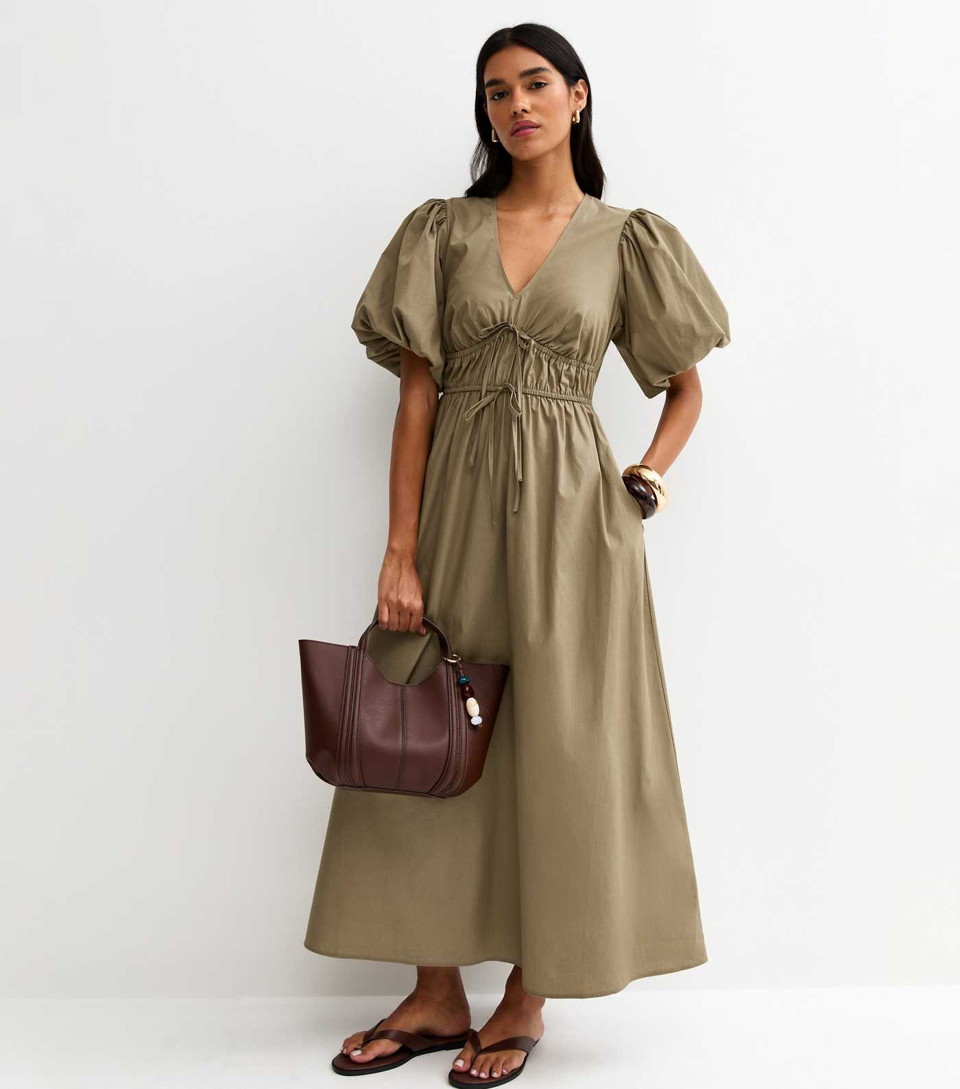 Dark Khaki Cotton Puff Sleeve Midi Dress | New Look | New Look (UK)