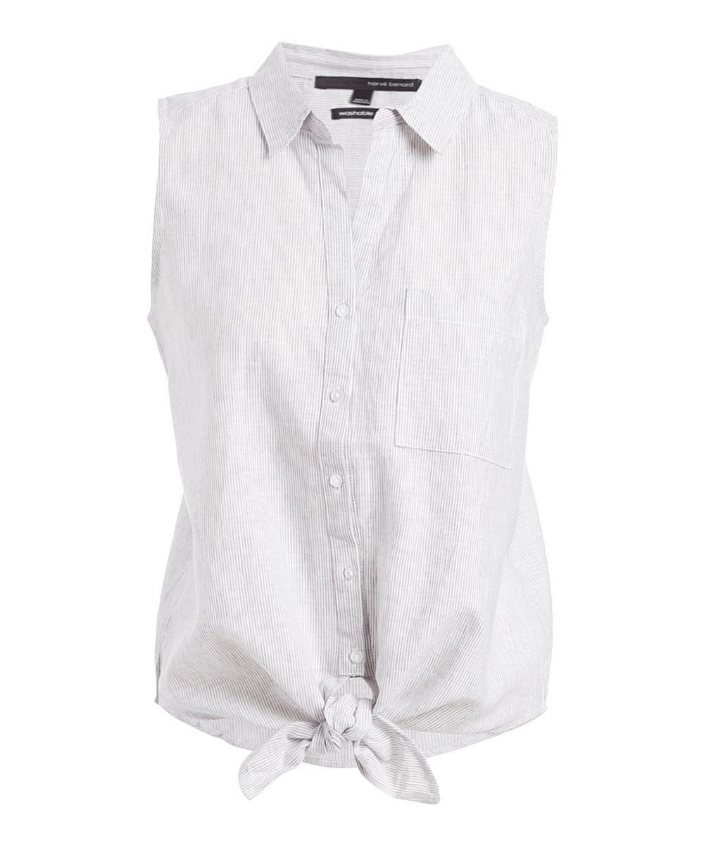 Harve Benard Women's Blouses Med - Gray & White Stripe Tie-Front Button-Up Tank - Women | Zulily