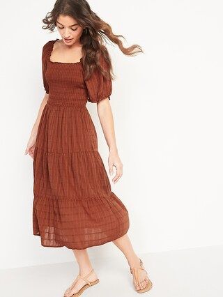 Fit & Flare Puff-Sleeve Ruffled Dobby Midi Dress for Women | Old Navy (US)