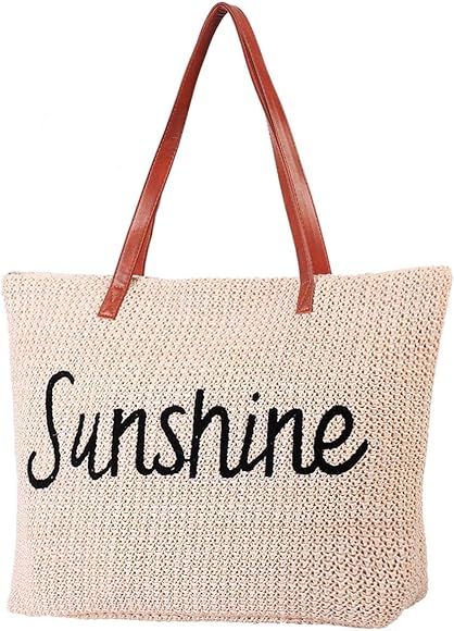 Large Straw Woven Tote Beach Bag with Zipper | Amazon (US)