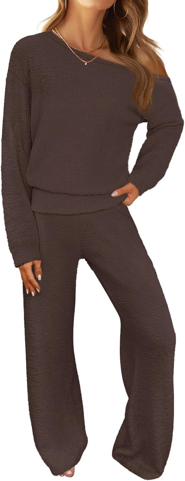 MEROKEETY Women's Fall Pajama Set Fuzzy Fleece 2 Piece Loungewear Off Shoulder Sweater Tops Wide ... | Amazon (US)