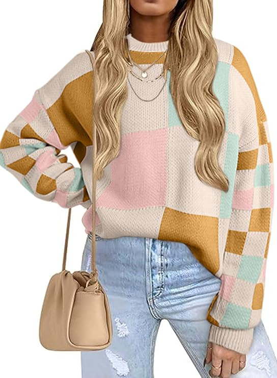 EVALESS Womens Sweaters Fall Fashion Cable Knit Checkered Oversized Sweater Tops | Amazon (US)
