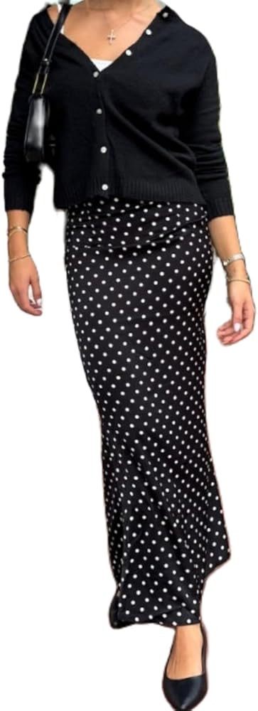 Women's Polka Dot Print Midi Skirt Low Waist Flowy Hem Slim Skirts Summer Trendy Y2k Half Dress S... | Amazon (US)
