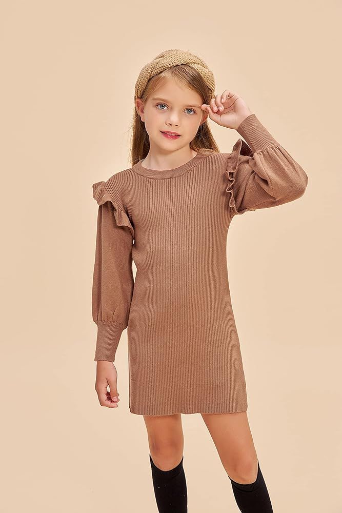 Girls Crew Neck Sweater Dress Lantern Sleeve Dress Knit Ruffled Dress Size 5-12 | Amazon (US)