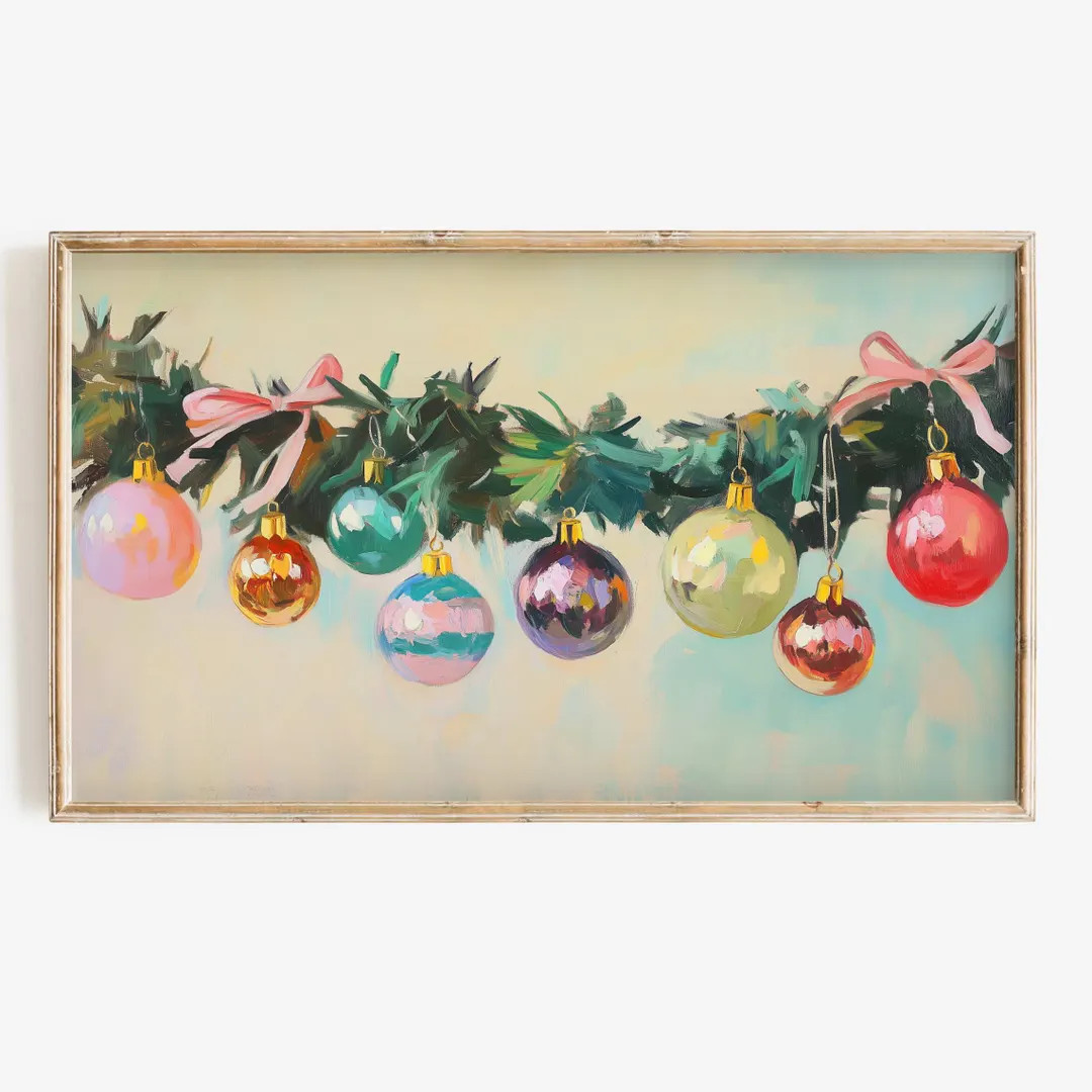 Frame Tv Art Christmas Digital Download | Colorful Xmas Retro Garland Art File for Tv | Pink Bow ... | Etsy (US)