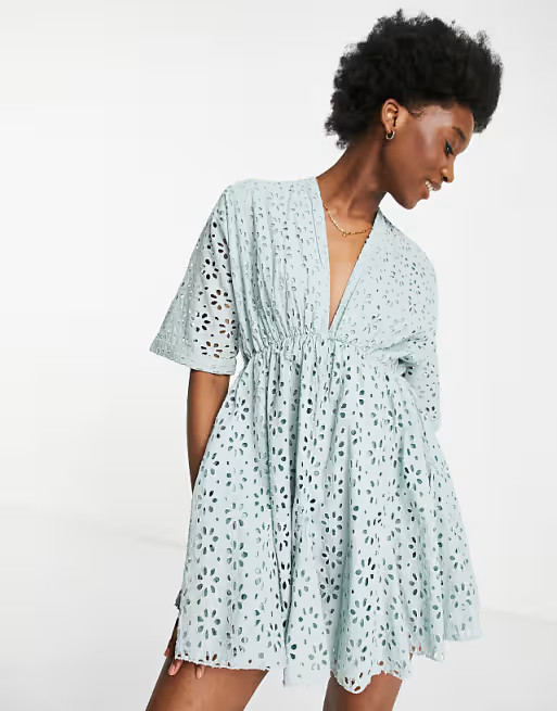 ASOS DESIGN premium godet skater mini dress in broderie in duck egg | ASOS | ASOS (Global)