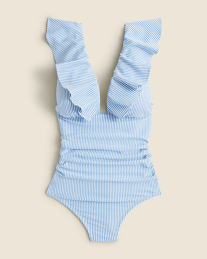 Long-torso ruched ruffle one-piece swimsuit in seersucker | J. Crew US