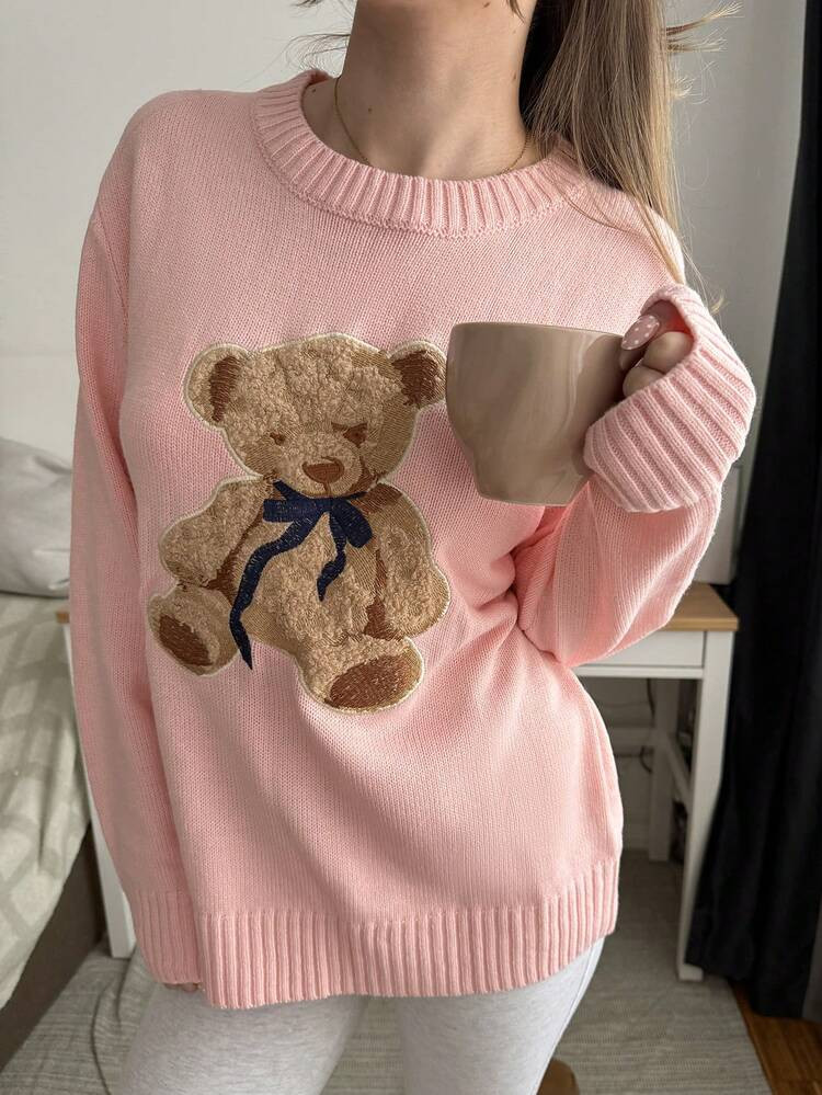 SHEIN EZwear Pink Rib-Knit Sweater For Women: Long Sleeve, Round Neck, With Adorable Teddy Bear Embroidery, Regular Fit For Casual Style,Knitted Sweater In Fall/Winter | SHEIN
