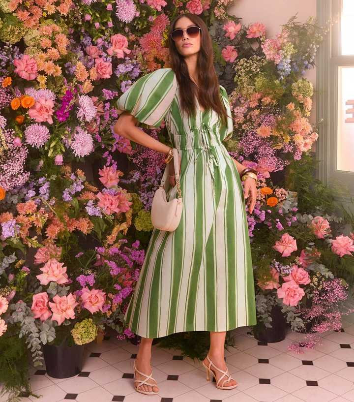 Green Striped Puff Sleeve Midi Dress | New Look | New Look (UK)