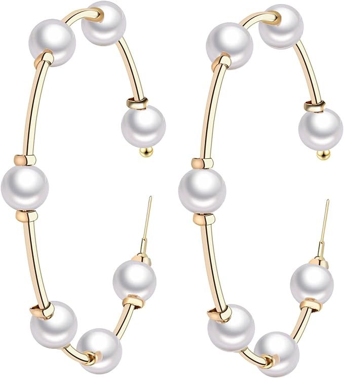 Faux Pearl Hoop Earrings for Women Lightweight Open Large Circle Heart Dangle Drop Open Huge Earr... | Amazon (US)